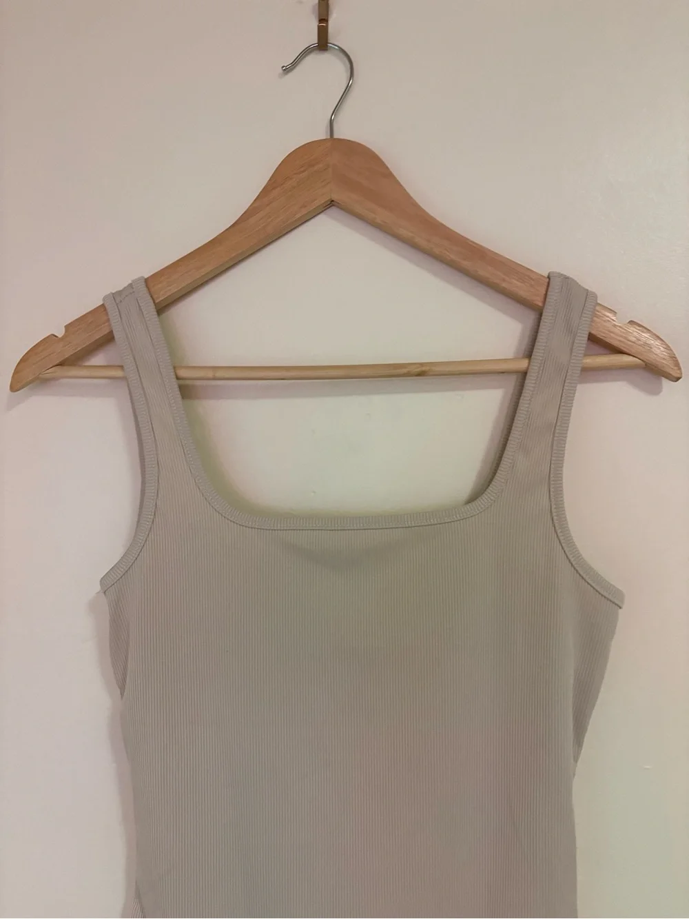 Simple Basic Cream Ribbed One-Piece Bodysuit With Square Neckline - Medium
